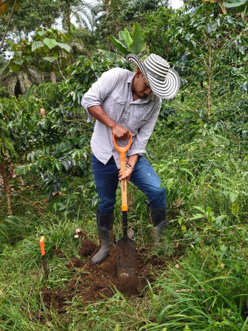 Agronomist Ken Galeano takes a soil sample on a farm in Wawa Sumaco, Ecuador