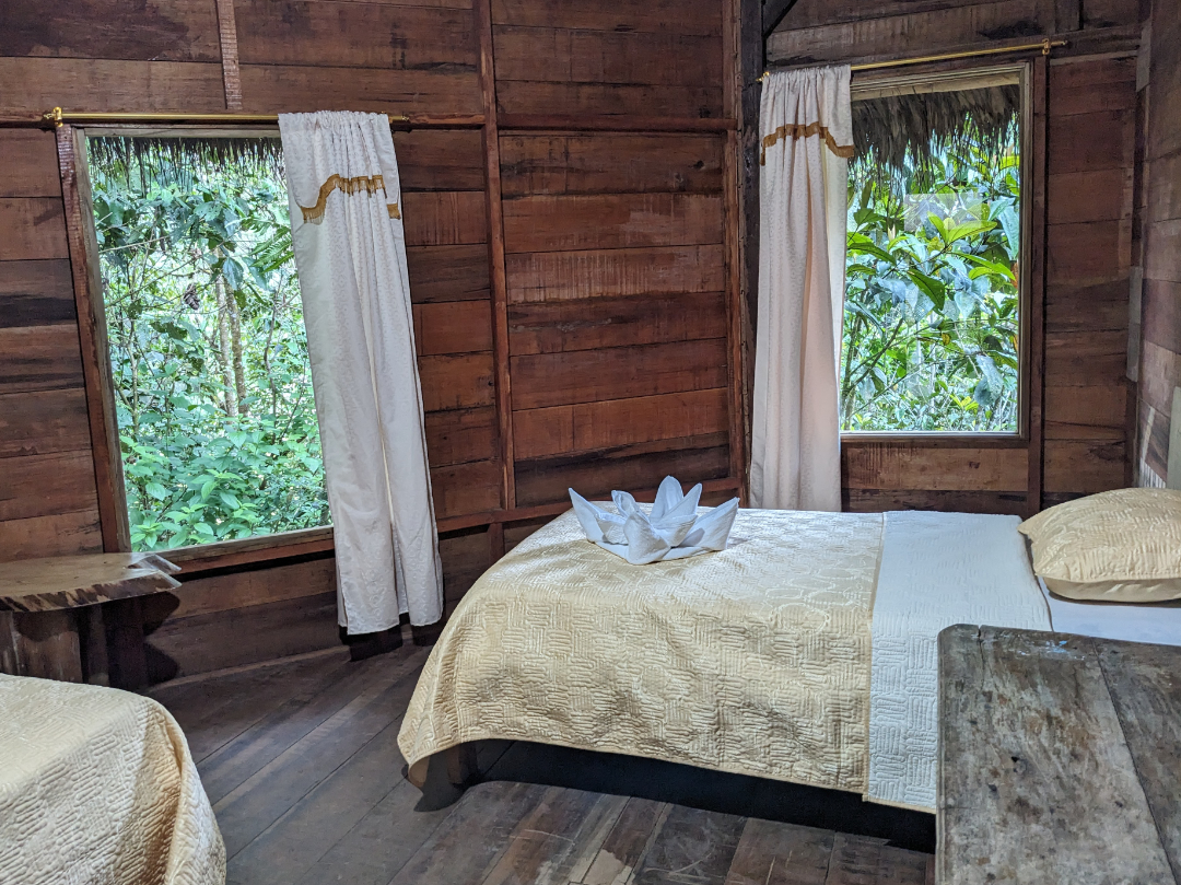 Lodging at Amarun Pakcha includes a two twin beds in private room with private bath with a desk and wonderful views of the forest.