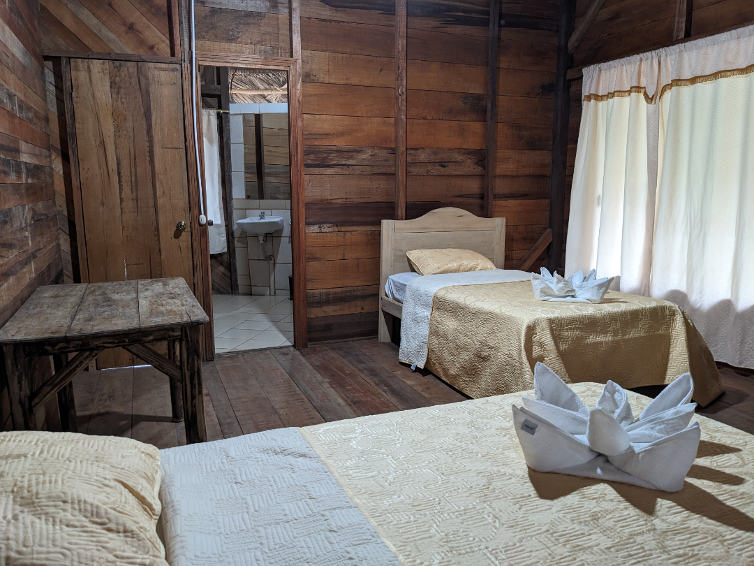 Lodging at Amarun Pakcha includes a two twin beds in private room with private bath with a desk and wonderful views of the forest.