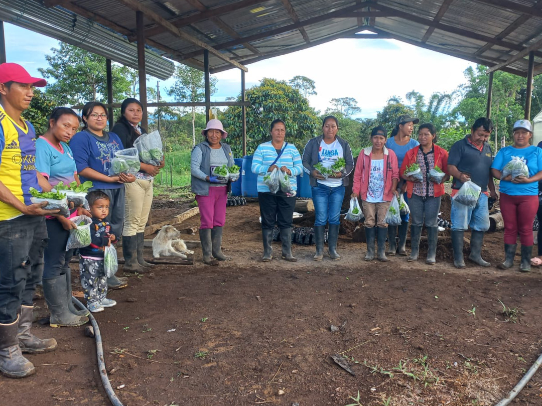 Several farming families holding backs of organic seedlings for transplanting into their gardens